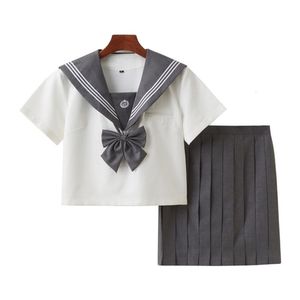 Kledingsets Japanse schoolmeisje uniform zeemanspak set geborduurd grijze sanben geplooide rok jk en whiteclothing