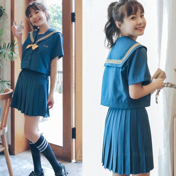 Conjuntos de ropa Estudiante de escuela japonesa JK Uniforme Chica Anime Camisa de manga corta larga Conjunto de vestido de marinero Azul marino Falda plisada universitaria Plus Si