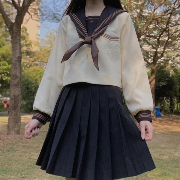 Ensembles de vêtements Uniforme scolaire japonais JK Girl S-XXL Écharpe marron marine Costume d'université Costume de marin Femmes Chemise sexy Jupe plissée