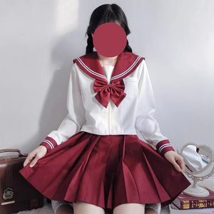 Conjuntos de ropa Uniforme escolar japonés S-xxl JK Chica Traje rojo Traje sexy para mujer Chaqueta de marinero Falda plisada