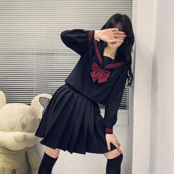 Ensembles de vêtements Uniforme scolaire japonais Costume Sailor JK S-2XL Basic Cartoon Girl Navy Black Costume Femmes