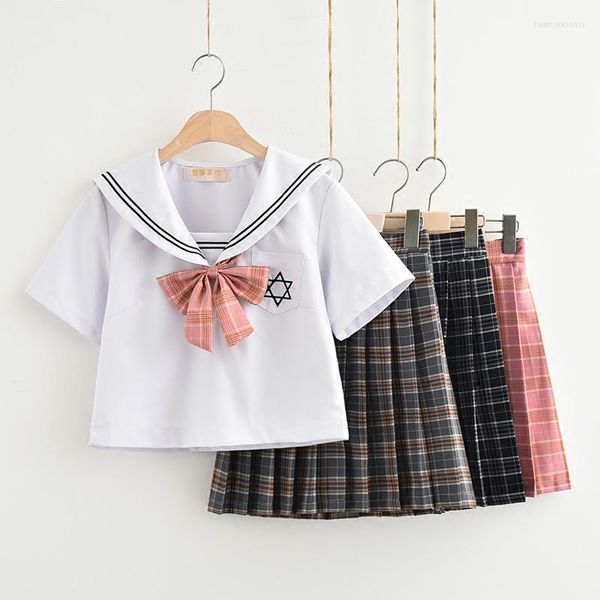 Conjuntos de ropa, conjunto de uniformes escolares japoneses, camisa blanca de manga corta de verano para mujer, falda de 3 colores, uniforme de estudiantes coreanos, ropa para niñas