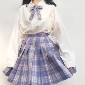 Kleding sets Japanse student paars rook zoete preppy stijl school jk uniform korte mouw zeeman geruite geplooide rok pakken zomer