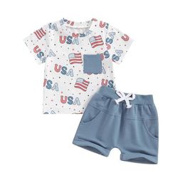 Kledingsets 4 juli Baby Boys Clothing National Flag Gedrukte T-shirt Jogging shorts Set Independence Day Baby en Toddler Summer Clothing D240514