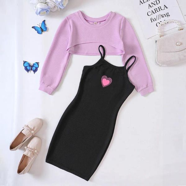 Conjuntos de ropa para niñas jóvenes, ropa de primavera y otoño, Top de manga larga corta, vestido con tirantes de amor, trajes de moda para niños de 2 uds.