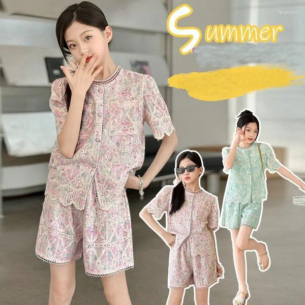 Vêtements de vêtements Junior Girls Summer Shorts français Broidered Round Cou Coute à manches courtes 2pcs Design Kids Suit Enfants Ternites