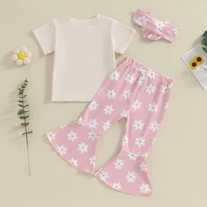 Ensembles de vêtements Kid Baby Girl 3pcs Vêtements d'été Ensemble à manches courtes Butterfly Print Top Floral Flare Pant bande