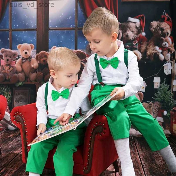 Conjuntos de ropa Ropa para niños para niños Conjunto de ropa en el festival de Navidad Cumpleaños Niño Camisa blanca de manga larga Pantalones verdes Traje completo para niños T231204