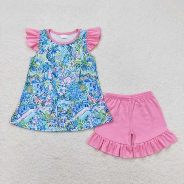 Vêtements de vêtements gamins mignons filles tenues de mode d'été bébé fleurie tunique top rose short ruffle set 2 pièces vêtements