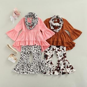 Ensembles de vêtements enfant fille costume 3 pièces manches longues à volants hauts doublés coupe large teinture imprimé pantalon décontracté écharpe 9M-4T