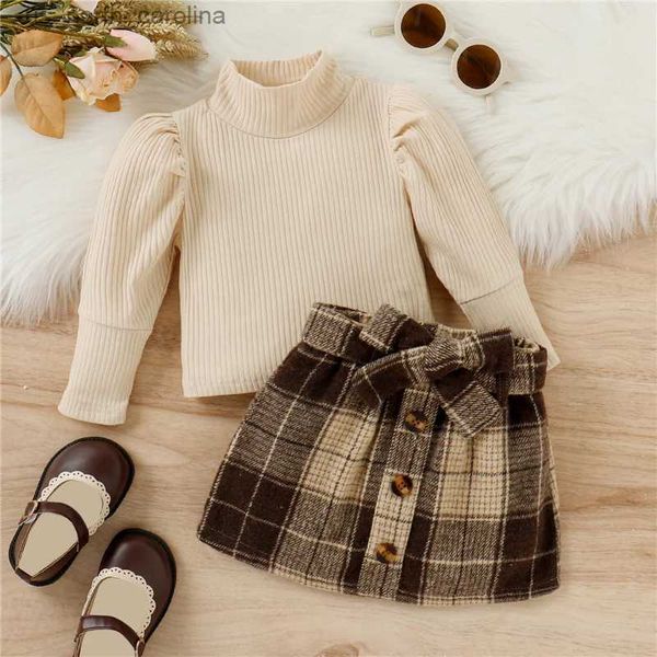 Conjuntos de ropa Kid Girl Ropa de otoño Conjunto Bebé Sólido Manga larga Cuello alto Tops Imprimir Falda de una línea con cinturón Traje para niños R231106