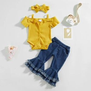 Ensembles de vêtements pour enfants, pantalons pour filles, costume à manches courtes, boutons, chemise, pantalon à cloche, tenue, bandeau