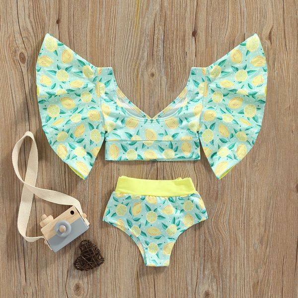 Conjuntos de ropa Traje de baño de dos piezas para niña Bikini Limón/Estrella de mar/Rayas Tops de natación con mangas holgadas y pantalones cortos de cintura alta