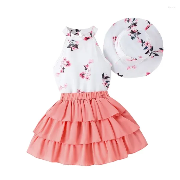 Ensembles de vêtements pour petites filles, jupe d'été, tenues sans manches, col montant, chapeau seau à volants, ensemble 3 pièces, vêtements Tutu pour tout-petits