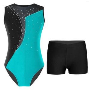 Kledingsets Kid Girls Ballet Dance Tuchard Figuur Skating Kostuum Mouwloze glanzende Striertes Yoga Gymnastics Bodysuit met shorts