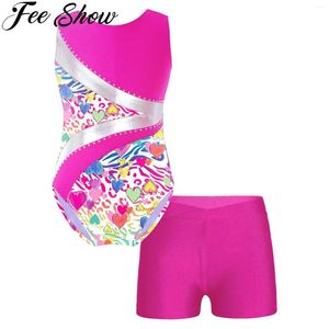 Ensembles de vêtements Kid Girls Ballet Danse Performance Compétition Tenues Sans Manches Brillant Strass Patchwork Avec V-Front Ceinture Shorts