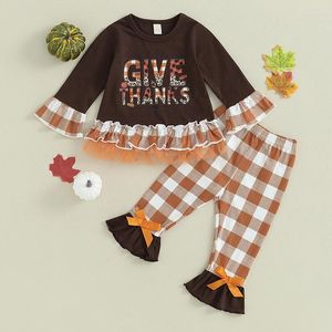 Kledingsets Kid Girls Pants Set Letters met lange mouwen afdrukken Patchwork T-shirt met plaid Fall Outfit Thanksgiving-kleding