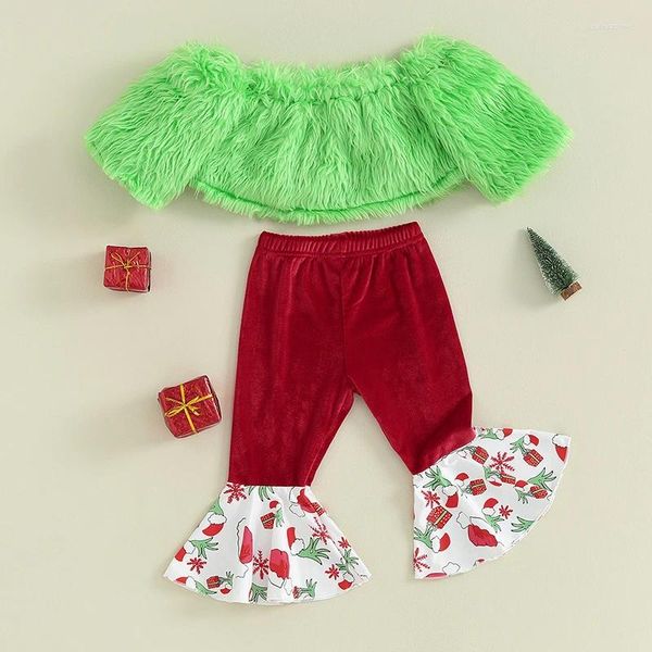 Conjuntos de ropa Conjunto de pantalones para niñas, camisetas peludas con hombros descubiertos y manga corta con retazos, traje de Navidad