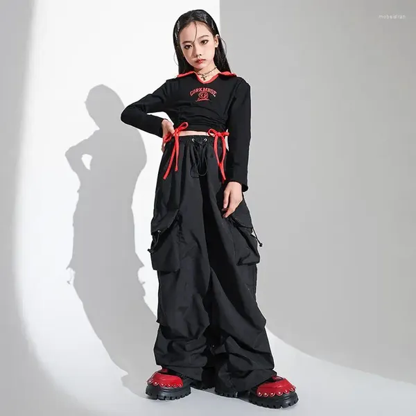 Vêtements Ensemble Kid Hip Hop Black Trawstring Crop Top Top T-shirt Pantalon de cargaison largement large pour fille Jazz Dance Costume Costume