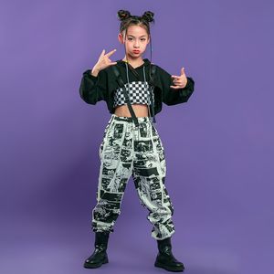 Ensembles de vêtements Kid Hip Hop Sweat à capuche noir Crop Top Chemise à manches longues Streetwear Imprimer Jogger Pantalon pour filles Costume de danse 230630