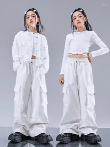 Kledingsets Kid Hip Hop White lovertjes String Jacket Top Casual Wide Pockets Cargo Pants Shorts For Girl Jazz Dance Costumes Kleding