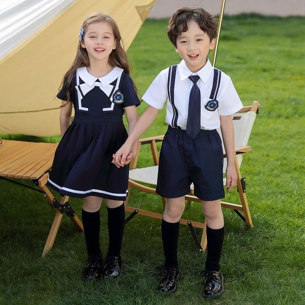 Ensembles de vêtements Kid coréen japonais bleu marine uniforme scolaire pour filles poupée collier robe garçons chemise blanche shorts vêtements ensemble étudiant tenue su