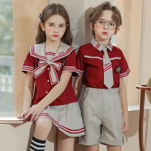 Ensembles de vêtements Kid coréen japonais rayé uniforme scolaire pour filles garçons col marin t-shirt jupe plissée shorts arc vêtements étudiant