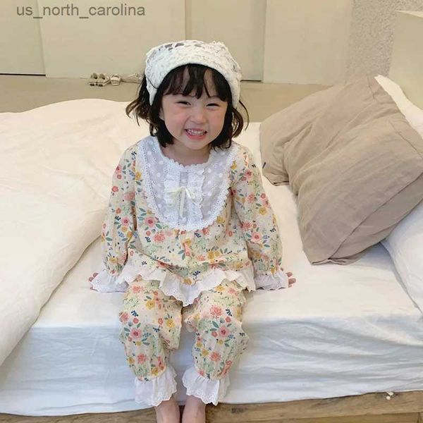 Conjuntos de ropa Ropa de dormir para niños Niña Estilo de pijama floral Niño Conjunto de pijama de encaje bordado Ropa de dormir. Ropa para niños R231106