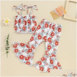 Ensembles de vêtements Enfant Enfant Bébé Fille Tenues d'été Fleur Tie-Up Bretelles Spaghetti Débardeurs Pantalons Flare 2pcs Vêtements Ensemble Drop Del Otdzb