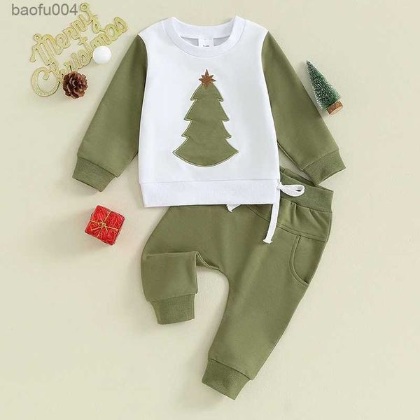 Conjuntos de ropa para niños y bebés, conjuntos de ropa navideña de manga larga con estampado de árbol de Navidad, sudaderas, Tops, pantalones, trajes informales