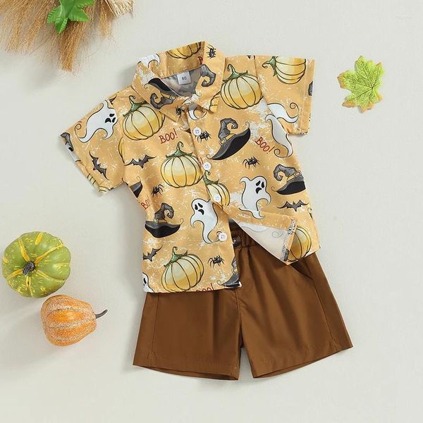 Vêtements Ensembles enfants Bébé garçons Halloween Tenues d'été Pumpkin Imprimé à manches courtes Shirts Elatic Wison Shorts Casual Beach Holiday