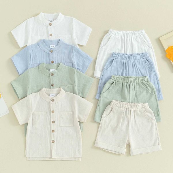 Conjuntos de ropa para niños Baby Boys Summer Algodón Lino Sólido Botones de manga corto