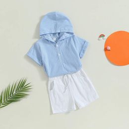 Kledingsets Kids Baby Boys Tops Shorts Summer Casual Blue Striped Short Sleeve Hooded en Drawstring Beach Holiday Boy Set