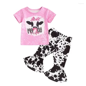 Conjuntos de ropa para niños Baby Girl Summer Outfits Western Fashion Camiseta de vaca de manga corta con pantalones de bengala largos Niñas 2 piezas