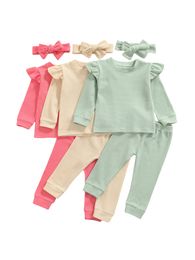 Kledingsets Kinderen Babymeisjes Casual Threepiece Deset Solid Color Pullover broek en hoofdtooi roze groene abrikoos 6m4y 221125