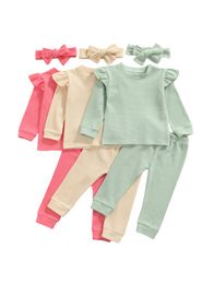 Ensembles de vêtements Enfants Bébés Filles Casual Threepiece Vêtements Ensemble Couleur Unie Pull Pantalon et Coiffe Rose Vert Abricot 6M4Y 221125