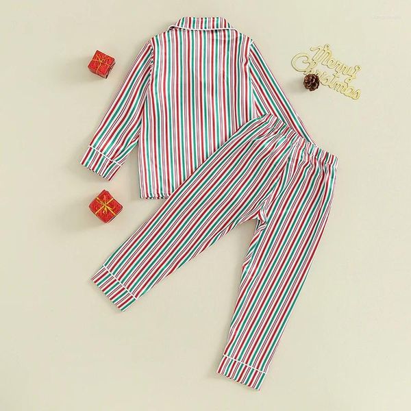 Conjuntos de ropa para niños y niñas, conjunto de pijamas navideños a rayas, camisa con botones de manga larga, pantalones superiores, ropa de dormir de Navidad