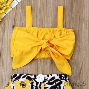 Ensembles de vêtements enfants bébé filles ensembles de vêtements jaune sans manches arc gilet hauts bouton floral jupe tenues costume de soleil R230805