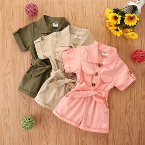 Ensembles de vêtements Enfants Baby Girls Vêtements Solide Couleur Coton Combinaison Bouton Avant Short à manches courtes Body Taille effilée Été 1-6 ans