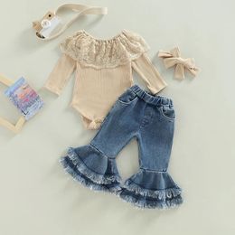 Kledingsets Kids Baby Meisjes Mode Broek Pak Tweedelige Kinderen Lange Mouw Kant Gebreide Romper Denim Flare Hoofdband