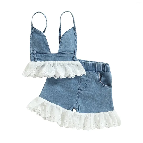 Conjuntos de ropa para niños Baby Girl Ajuste de verano Patchwork Camisole de mezclilla sin espalda y seta de pantalones cortos elásticos