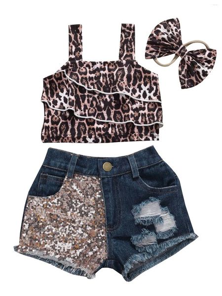 Ensembles de vêtements enfants Baby Girls Summer Top Shorts 3 pièces Costume Leopard à manches courtes Venture plissée Jeans bleus