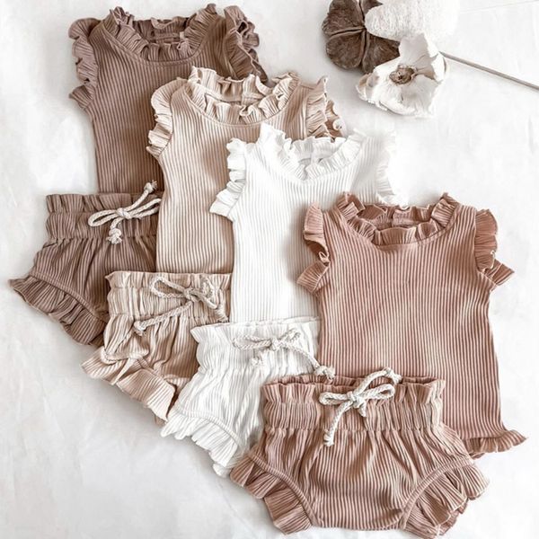 Ensembles de vêtements Enfants Bébé Vêtements d'été pour bébé né Garçons Filles Solide À Lacets Tricoté Dos Nu BarboteusesShorts À Cordon Tenues De Plage Ensembles 230613