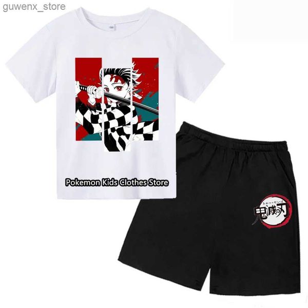 Sets de ropa Regalos de cumpleaños para niños Demon Slayer Outfits Summer Manges cortos Cartoon Sonic Tee Camas de pantalones cortos 2 PCS SETS Y240415