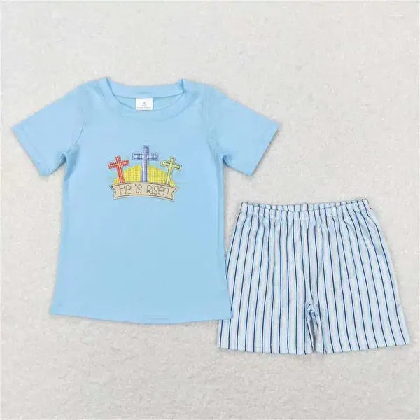 Conjuntos de ropa Boutiques Boutiques Camisa de algodón cruzado con puntadas de bordado pantalones pantalones cortos sólidos Conjunto de niños Pascua ropa de niño