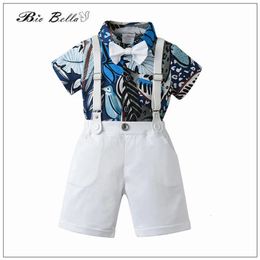 Ensembles de vêtements Enfants Garçon Vêtements d'été Plage Formelle Gentleman Fête Noël 2024 Printemps Tenues T-shirt Pantalon Ceinture Cou Infantil Costume Costume 231113