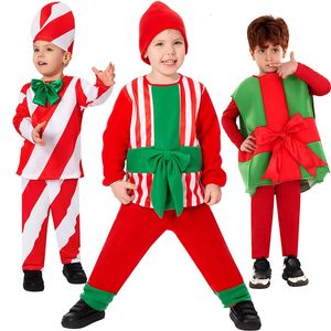 Kledingsets Kinderen Jongens Kerstmis Kerstman Cosplay Kostuum Rode Streep Winter Kerst Jongen Kleding Top Broek Hoed 3-delige set Prestatiekostuums 231113