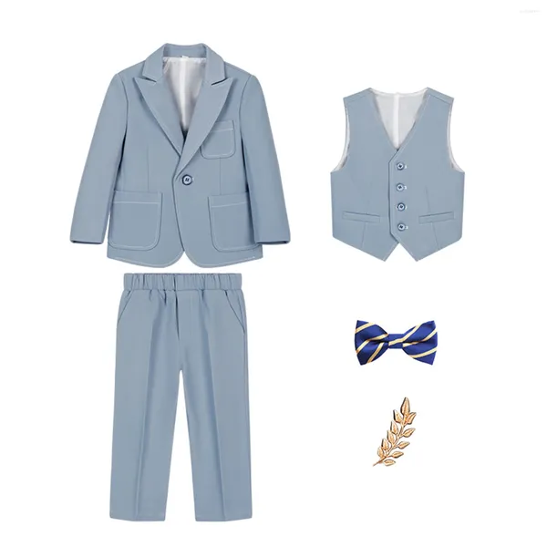 Kleidungssets für Kinder, Jungen, formelle Hochzeitsanzüge, Gentleman-Blazer, Smoking, Weste, Fliege, Brosche, Hosen, Taufe, Bankett, Abschlussball, Geburtstagsparty-Kleidung