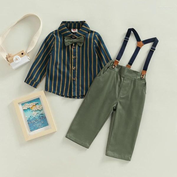 Conjuntos de ropa niños Niños caballeros atuendos a rayas Camiseta de manga larga y pantalones casuales elásticos con tirantes establecidos moda