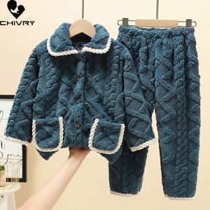 Conjuntos de ropa Niños Niños Niñas Otoño Invierno Espesar Cálido Franela Pijama Bebé Singlebreasted Solapa Sólido Ropa de dormir Pijamas 230907